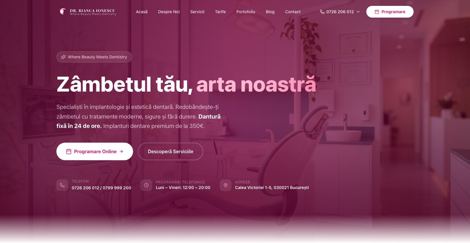 Homepage Dr. Bianca Ionescu — clinică stomatologică, „Zâmbetul tău, arta noastră”